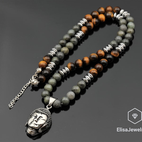 Pendentif Bouddha en acier inoxydable Labradorite Tiger Eye Clearing Collier Cadeau Pour Hommes Unisexe Collier Cadeau Pour Lui Collier Bouddhiste