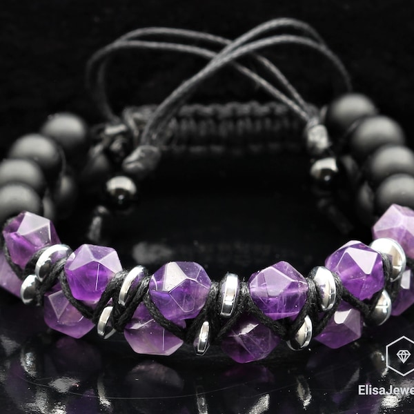 Natural Amethyst & Black Onyx Beads Macrame Double Row Adjustable Bracelet Macrame Gift For Girlfriend Gift For Mom Mom Gift Idea