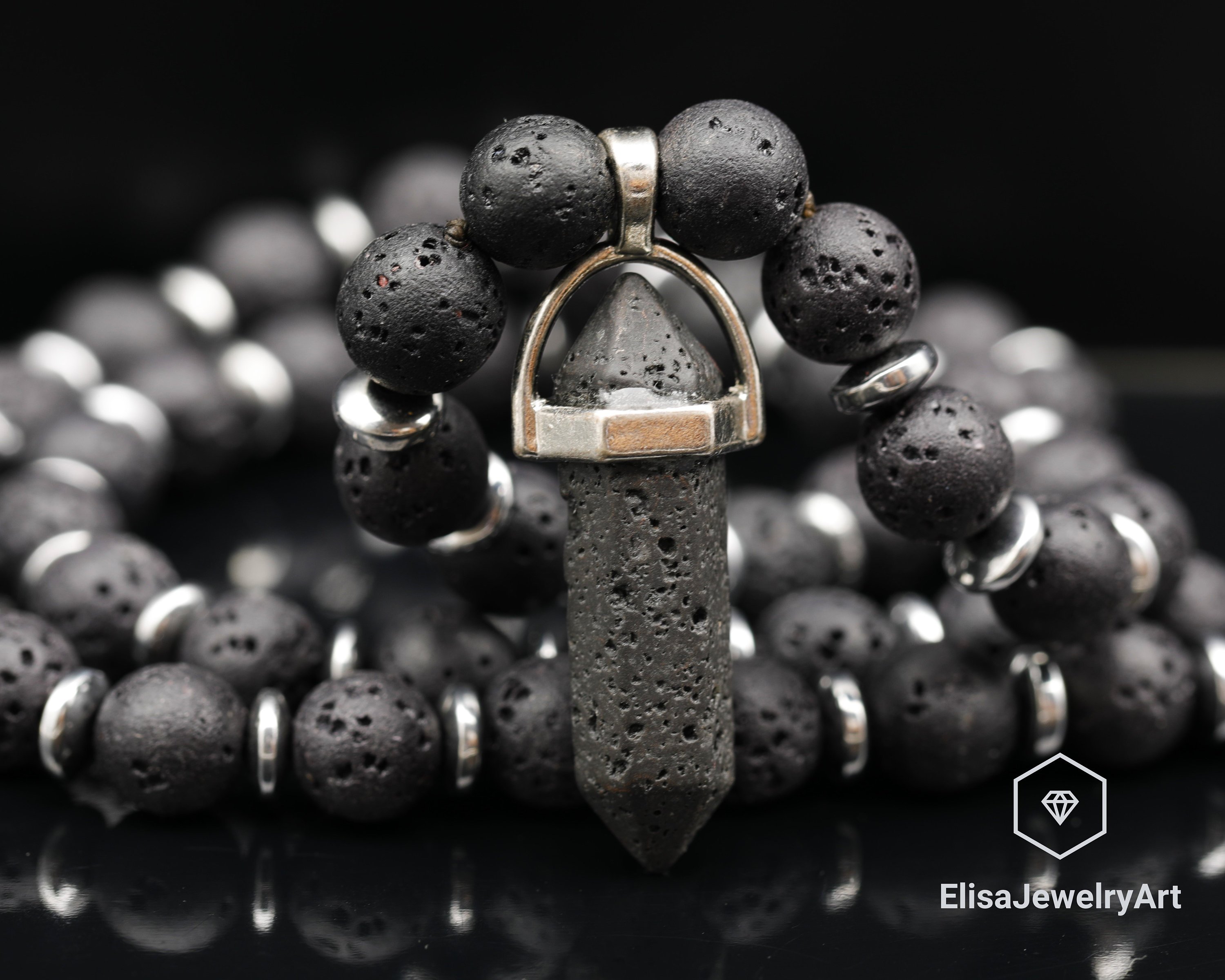 Collana Con Ciondolo In Lava Nera &ndash; Da Tasca, Forma Tornita, Gancio A Moschettone, Unisex