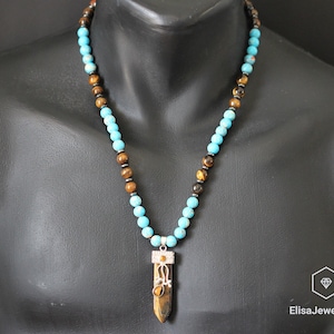 Natural Pointed Tiger Eye Pendant Necklace Imperial Jasper Beads Necklace Crystal Pendant Macrame Beaded Necklace Adjustable Unisex Men&#39;s