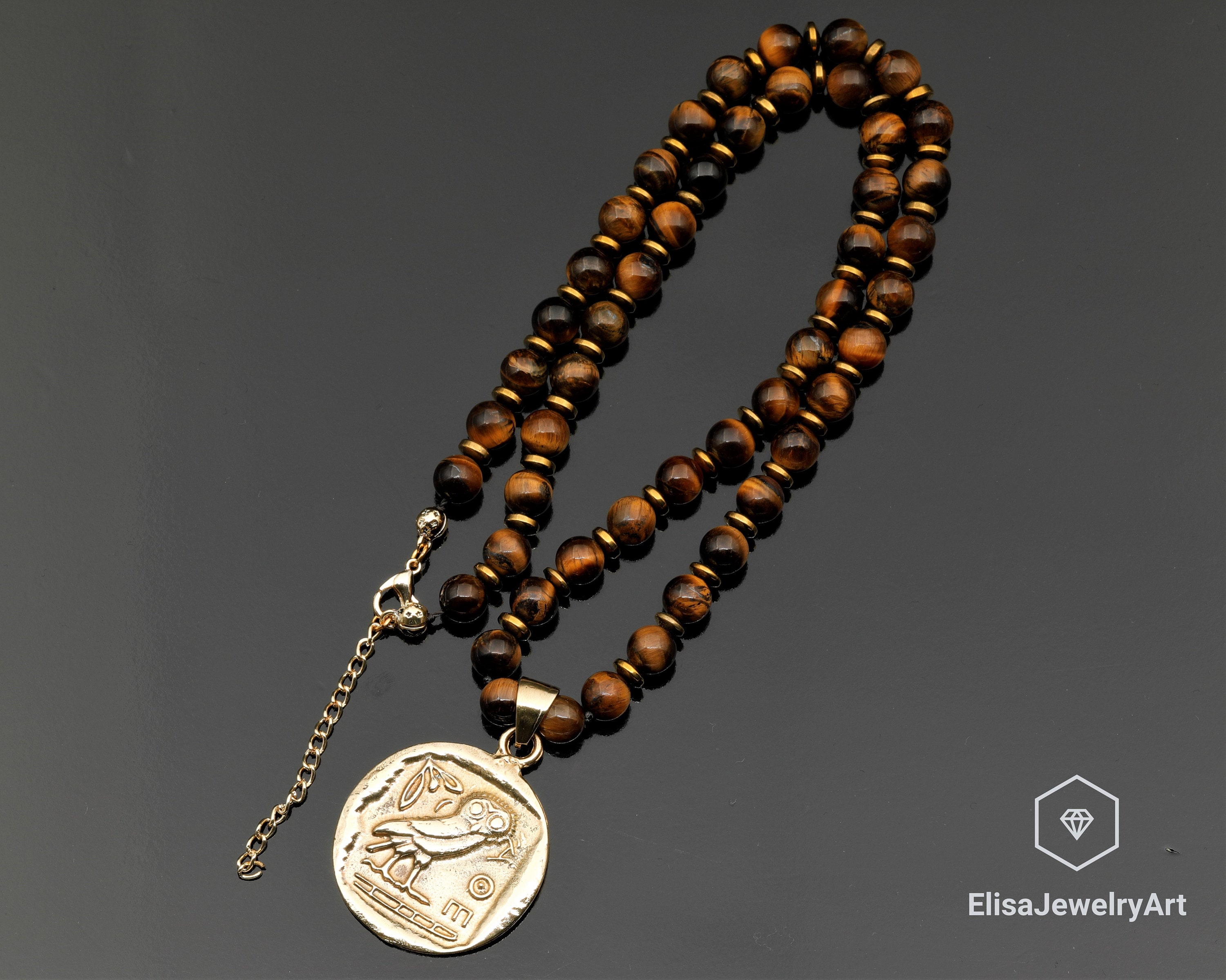 Stone Of Protection Necklace Owl Coin Pendant Necklace Pendant Natural Tiger Eye Beaded Limited Edit