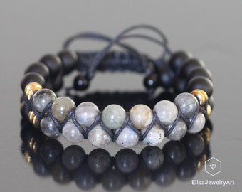 Natürliche Labradorit Schwarz Onyx Perlen Verstellbares Armband Makramee Schutz Yoga Mala Herren Armband Damen Armband Kristall Armband
