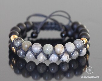 Labradorite naturelle Noir Onyx Perlé Bracelet Réglable Macrame Protection Yoga Mala Bracelet Hommes Bracelet Femme Cristal Bracelet