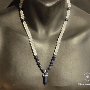 Natural Lapis Lazuli Quartz Beads Necklace Lapis Lazuli Crystal Pendant Macrame Beaded Necklace Protection Adjustable Christmas Gift