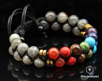 Men's Labradorite Healing Seven Chakra Beads Double Bracelet Healing Crystal Father's Day Gift Powerfull Clearing Gift for Him Gift For Mom