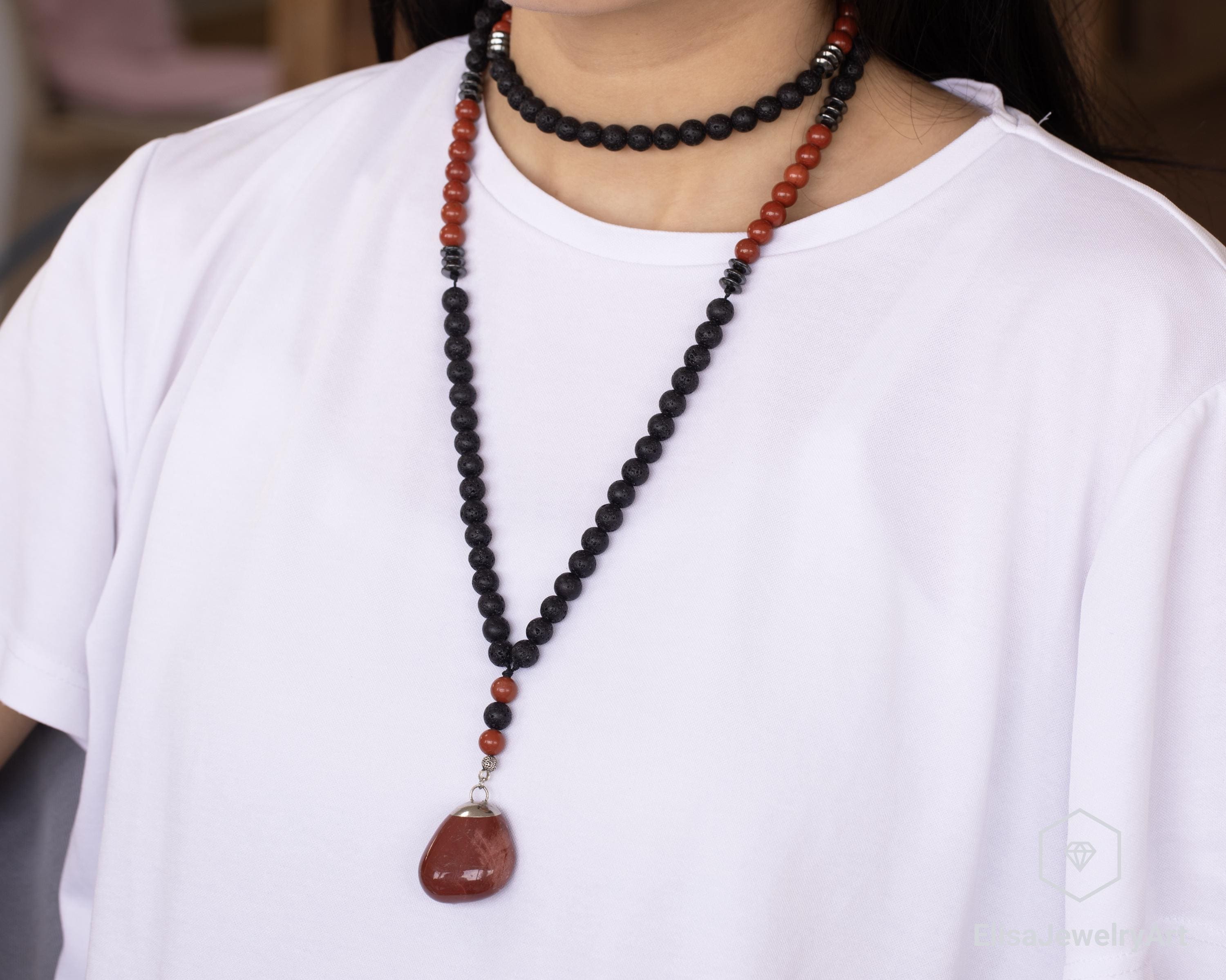 天然レッドジャスパービーズ 108 マーラネックレス、溶岩石宝石