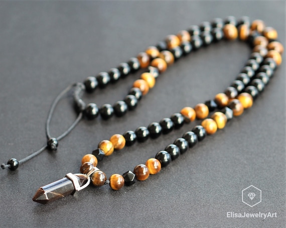 Men s Natural Tiger Eye Beads Necklace Black Onyx Beads Necklace Tiger Eye Crystal Pendant Macrame Beaded Necklace Adjustable Unisex Men s Etsy Canada