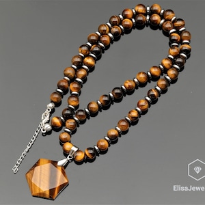 Hexagon Necklace Natural Tiger Eye Pendant Natural Tiger Eye Beaded Limited Edition Balance Birthstone Necklace Christmas Gift
