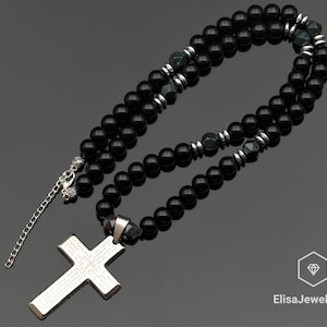 Cross Necklace Natural Bloodstone & Black Onyx Beaded Necklace Patience Crystal Gemstone Strong Clasp Necklace Encouraging Necklace