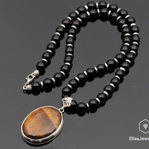 925 Sterling Silver Natural Tiger Eye Pendant Necklace ,Natural Black Onyx Beads Necklace Clasp Beaded Necklace Christmas Gift