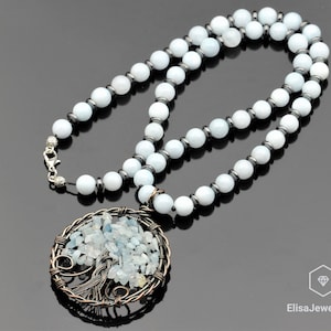Crystal Big Tree Of Life Aquamarine Pendant Beaded Crystal Clasp Long Good Luck Protection Necklace Gift For Her Christmas Gift