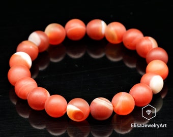 Natural Matte Orange Striped Agate Beaded Bracelet Stretchy Bracelet Aura Gemstone Bracelets Strong Energy Crystal Bracelet Safety Bracelet