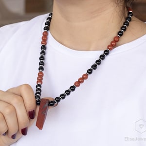 Natural Red Jasper Pendant, Black Onyx & Red Jasper Beaded Necklace, Genuine Gemstone Unique Necklace, Rectangular Pendant Crystal Choker