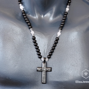 Cross Necklace Natural Quartz & Black Onyx Beaded Necklace Energy Crystal Gemstone Strong Clasp Necklace Protection Necklace