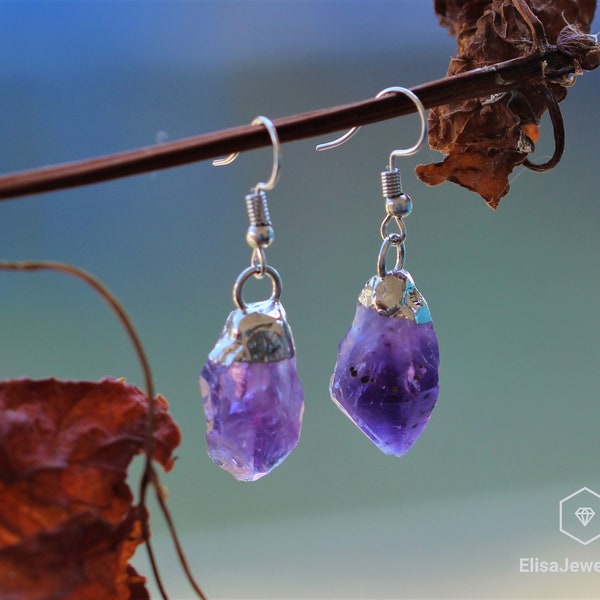 Raw Amethyst Earrings Crystal Point Earrings Dangle Crystal Boho Earring Drop Earrings Raw Stone Drop Gift For Her Anniversary Gifts