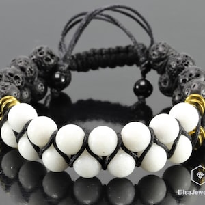Natural White Jade Black Lava Beaded Healing Meditation Yoga Mala Protection Beaded Good Luck Bracelet Balancing Mother&#39;s Gift For Her