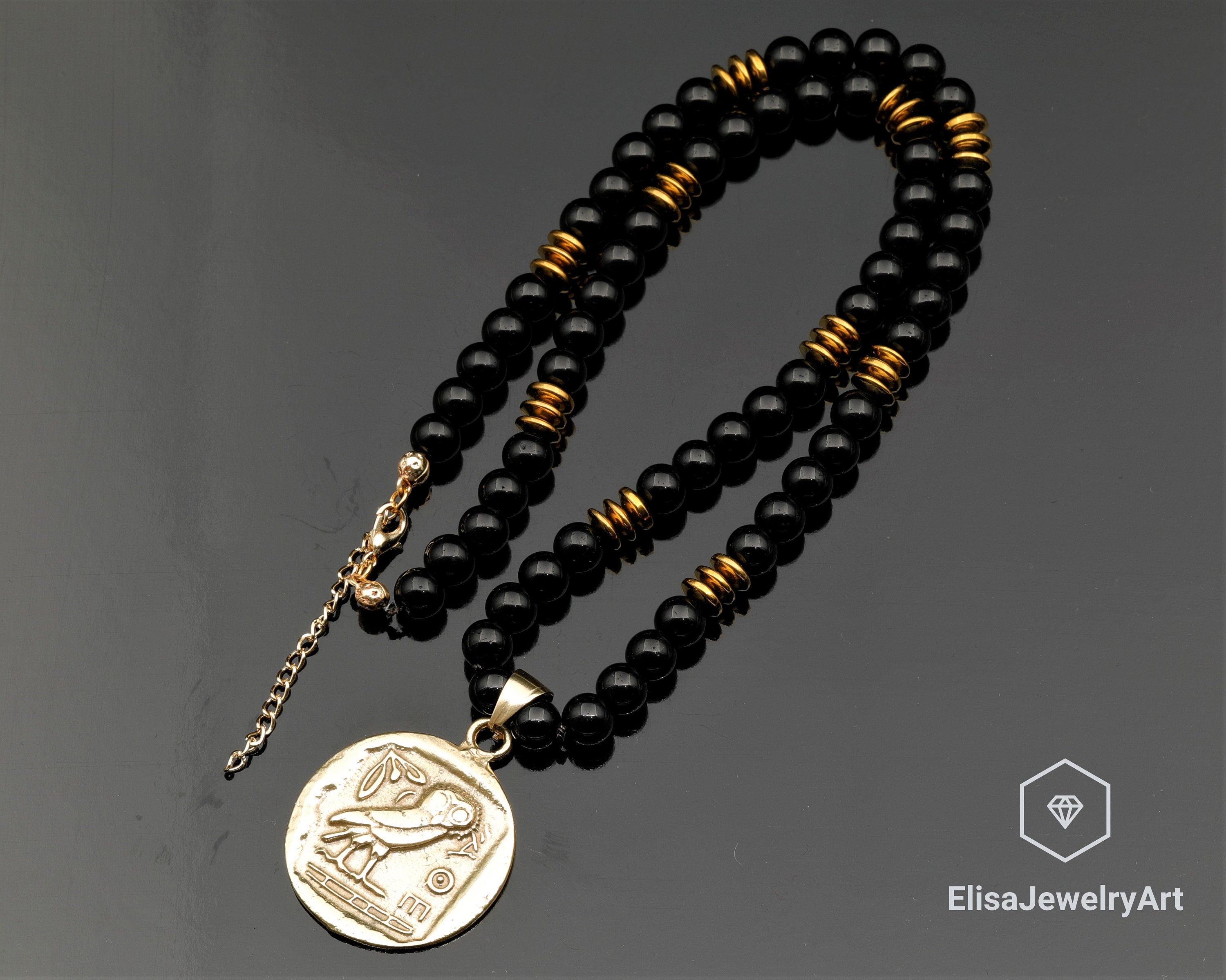 Owl Coin Pendant Necklace Natural Black Onyx Hematite Beaded Birthstone Emotional Calming Necklace F
