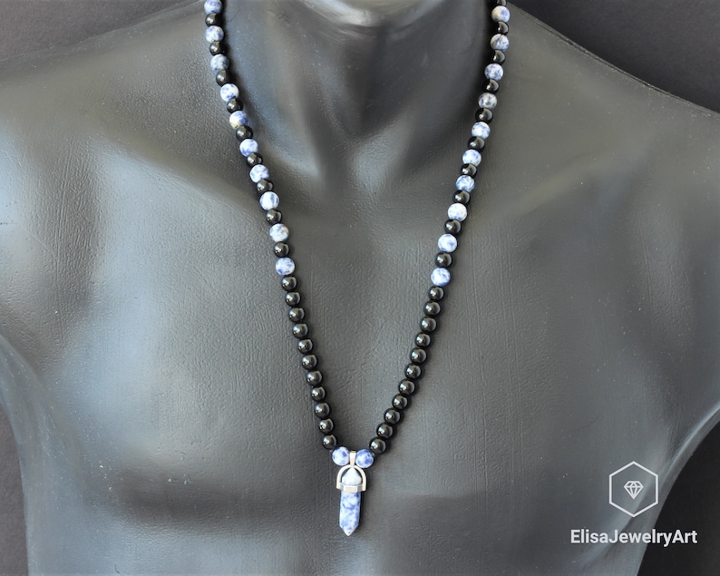 Women/'s Necklace Blue Spot Jasper Crystal Pendant Natural Black Onyx Beads Necklace Adjustable Necklace Long Necklace Men/'s Necklace Healing