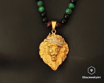 Men&#39;s Lion with Natural Malachite Tiger Eye Black Onyx Beaded Macrame Adjustable Long Necklace For Men&#39;s Protection Gemstone Necklace