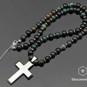 Cross Necklace Natural Bloodstone Beaded Emotion Necklace Birthstone Calming Necklace Gift For Him Unisex Christmas Gift Necklace