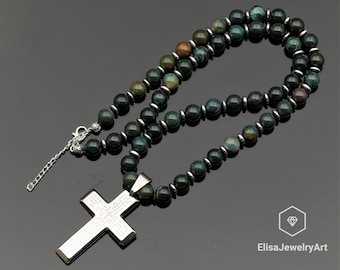 Cross Necklace Natural Bloodstone Beaded Emotion Necklace Birthstone Calming Necklace Gift For Him Unisex Christmas Gift Necklace