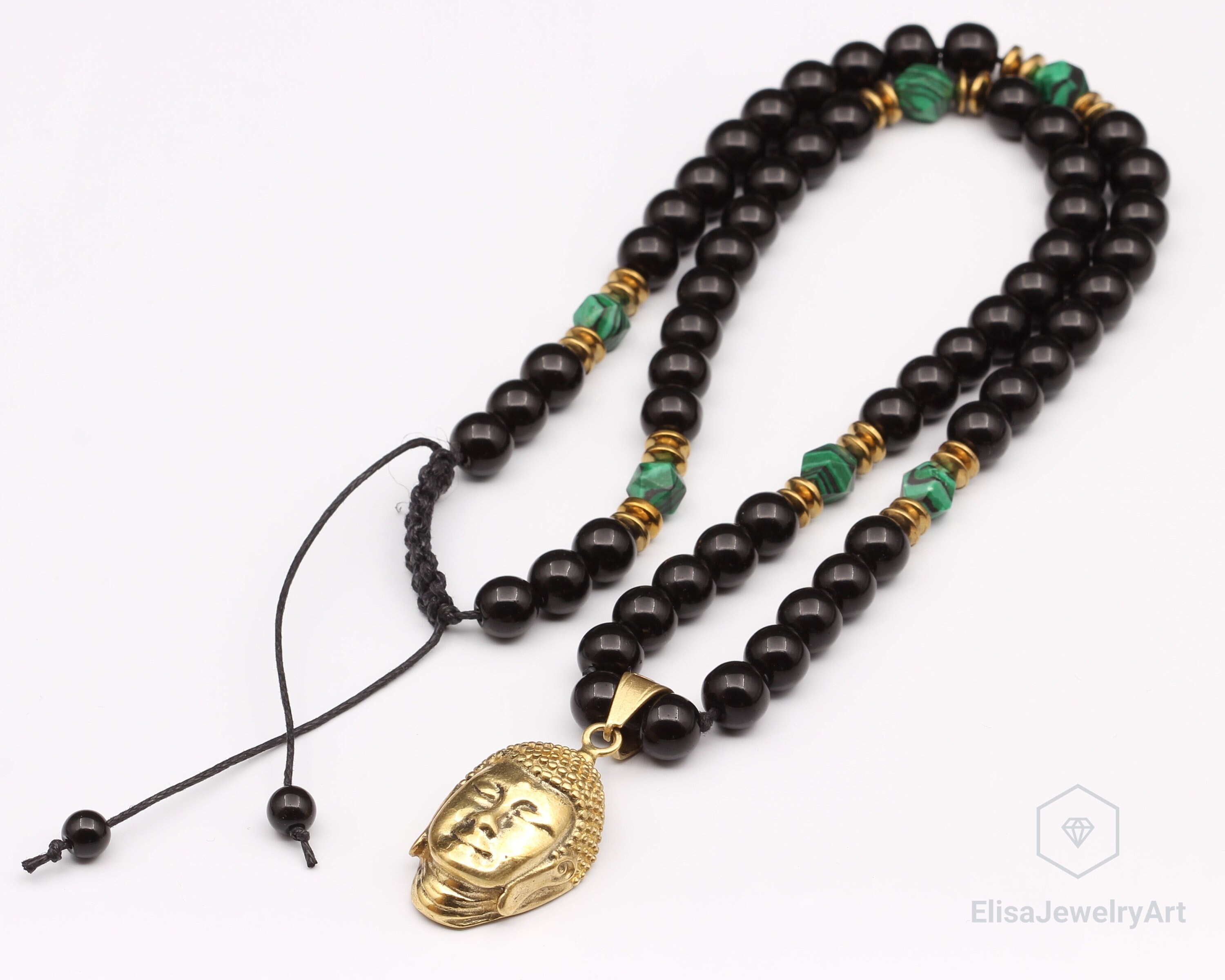 Edle lange Mala Kette aus Nepal mit Buddha-Amulett aus echtem schwarzem Onyx 