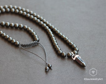 Men's Natural Onyx Crystal Beaded Necklace Healing Long Macrame Short Necklace Black Gemstone Beaded Necklace Gift For Him Unisex