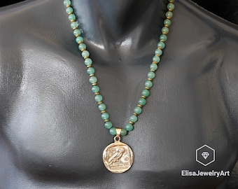 Eule Münze Anhänger Halskette Natürlicher Grüner Aventurin Perlen Limitierte Auflage Balance Birthstone Weihnachtsgeschenk Valentinstag Geschenk