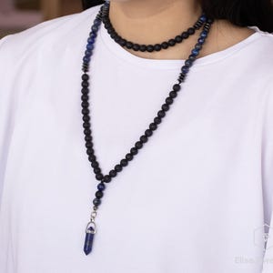Natural Lapis Lazuli Beaded 108 Mala Necklace, Lava Stone Gemstone, Healing Crystal, Unique Boho Gemstone Mala, Crystal Long Necklace Gift