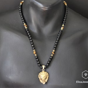 Lion Necklace Men&#39;s Natural Tiger Eye Black Onyx Beaded Protection Long Adjustable Healing Gemstone Macrame Necklace Gift For Him Unisex