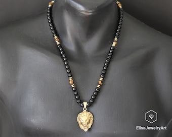Lion Necklace Men&#39;s Natural Tiger Eye Black Onyx Beaded Protection Long Adjustable Healing Gemstone Macrame Necklace Gift For Him Unisex