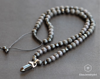 Natural Black Onyx Beads Necklace Onyx , Lava Beads Necklace Black Onyx Crystal Pendant Macrame Beaded Necklace Adjustable Unisex Men's