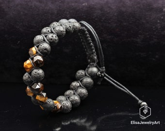 Natural Tiger Eye Black Lava Beaded Bracciale regolabile Protezione Macrame Yoga Mala Bracciale da uomo Bracciale da donna Bracciale in cristallo