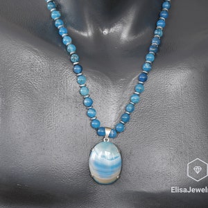 925 Sterling Silver Natural Blue Agate Necklace Calming Crystal Gemstone Strong Clasp Necklace Serenity Necklace