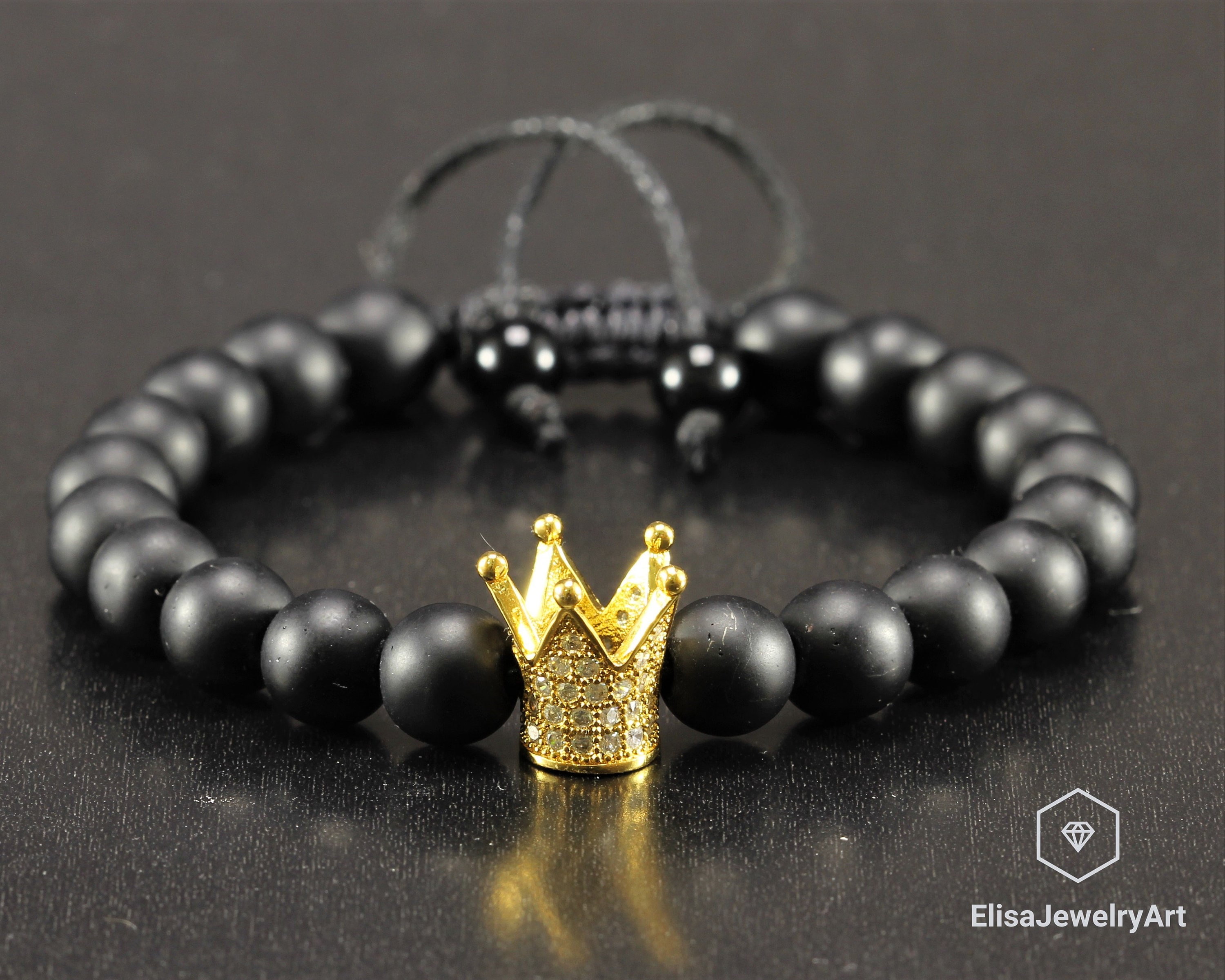 King Queen Crown Beaded Bracelet Natural Black Onyx Protection