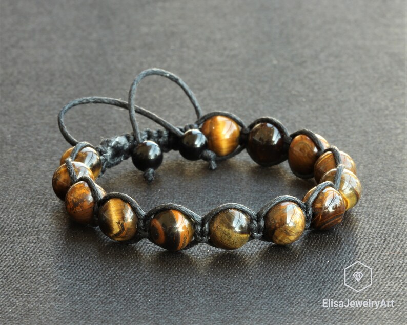 Natural Tiger Eye Beads Bracelet Macrame Adjustable Bracelet Healing Gemstone Crystal Macrame Bracelets Healing Energy Yoga Gift for Him