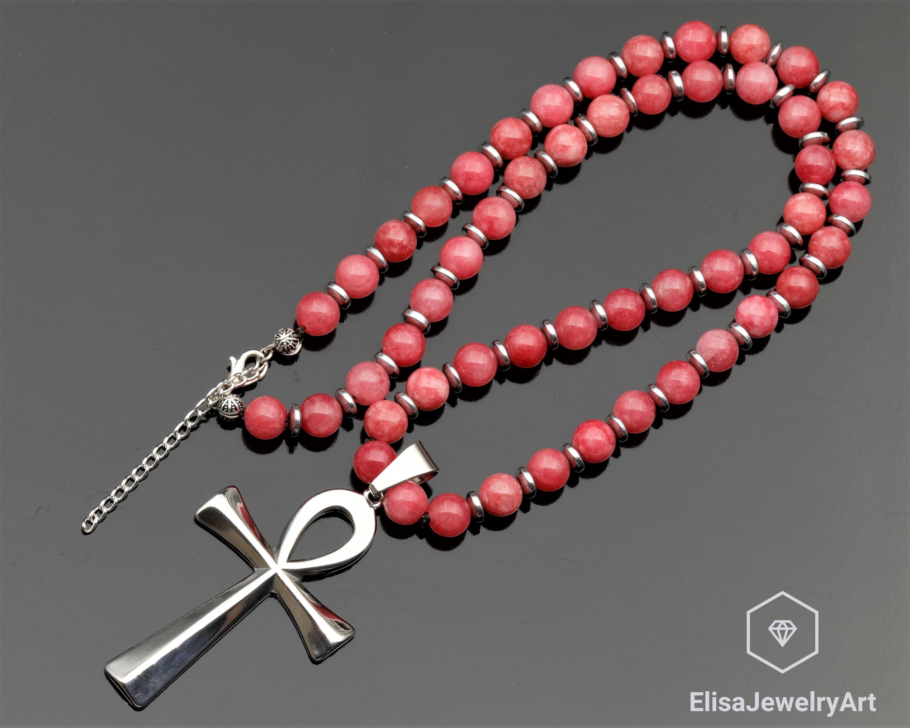 925 Sterling Silver Ankh Cross Pendant, Natural Rhodochrosite Beaded Necklace, Genuine Gemstone Necklace, Night Out Necklace, Boho Jewelry