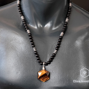 Protection Calming Necklace Natural Tiger Eye Hexagon Pendant Black Onyx Hematite Beaded Birthstone Necklace For Him Unisex Christmas Gift