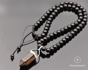Natural Big Healing Tiger Eye Pendant Natural Black Onyx Gemstone Healing Beaded Best Friend Gift Necklace For Her Christmas Gift