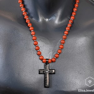 Cross Necklace Natural Red Jasper Beaded Necklace Endurance Crystal Gemstone Strong Clasp Necklace Motivation Necklace