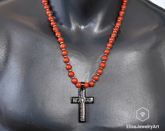 Cross Necklace Natural Red Jasper Beaded Necklace Endurance Crystal Gemstone Strong Clasp Necklace Motivation Necklace