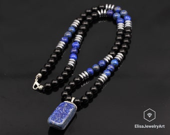 Zirconia Raw Lapis Necklace Natural Lapis Lazuli Black Onyx Beaded Protection Clips Healing Gemstone Necklace Gift For Her Christmas Gift