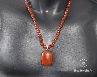 925 Sterling Silver Natural Red Jasper Necklace Well-Sleeping Crystal Gemstone Strong Clasp Necklace Focus Necklace