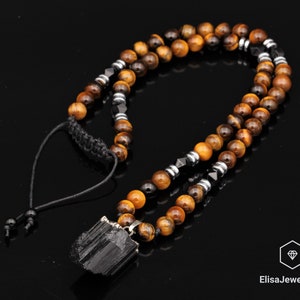 Natural Raw Tourmaline Pendant Natural Onyx Hematite Tiger Eye Beaded Gemstone Necklace Best Friend Gift For Men Necklace Gift For Him