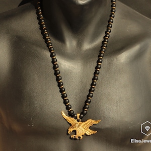 Gold Color Eagle & Natural Black Onyx Gemstone Protection Beaded Long Macrame Adjustable Necklace Gift For Him Gift For Her Christmas Gift