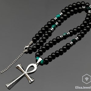 Ankh Cross Necklace Natural Green Tiger Eye & Black Onyx Beaded Necklace Anxiety Crystal Gemstone Strong Clasp Necklace Encouraging Necklace