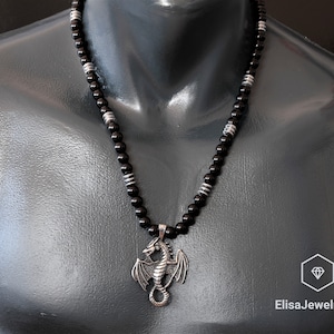 Dragon Necklace Stailess Steel Pendant Black Onyx Hematite Beaded Balance Necklace Emotional Genuine Gemstone For Him Unisex Christmas Gift