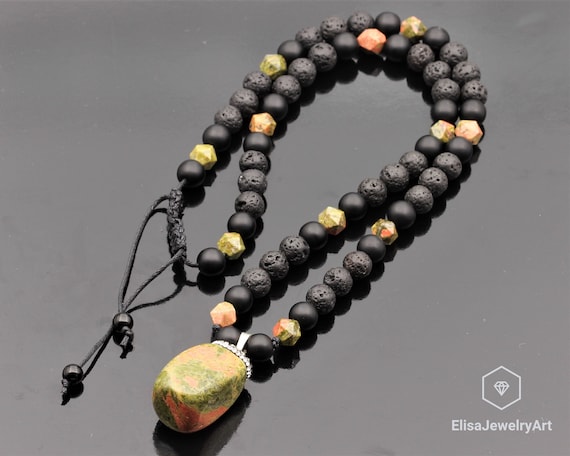 Collier Cordon Ciré Avec Pendentif Unakite - Pierre Naturelle Verte, Longueur Réglable 45-55 Cm