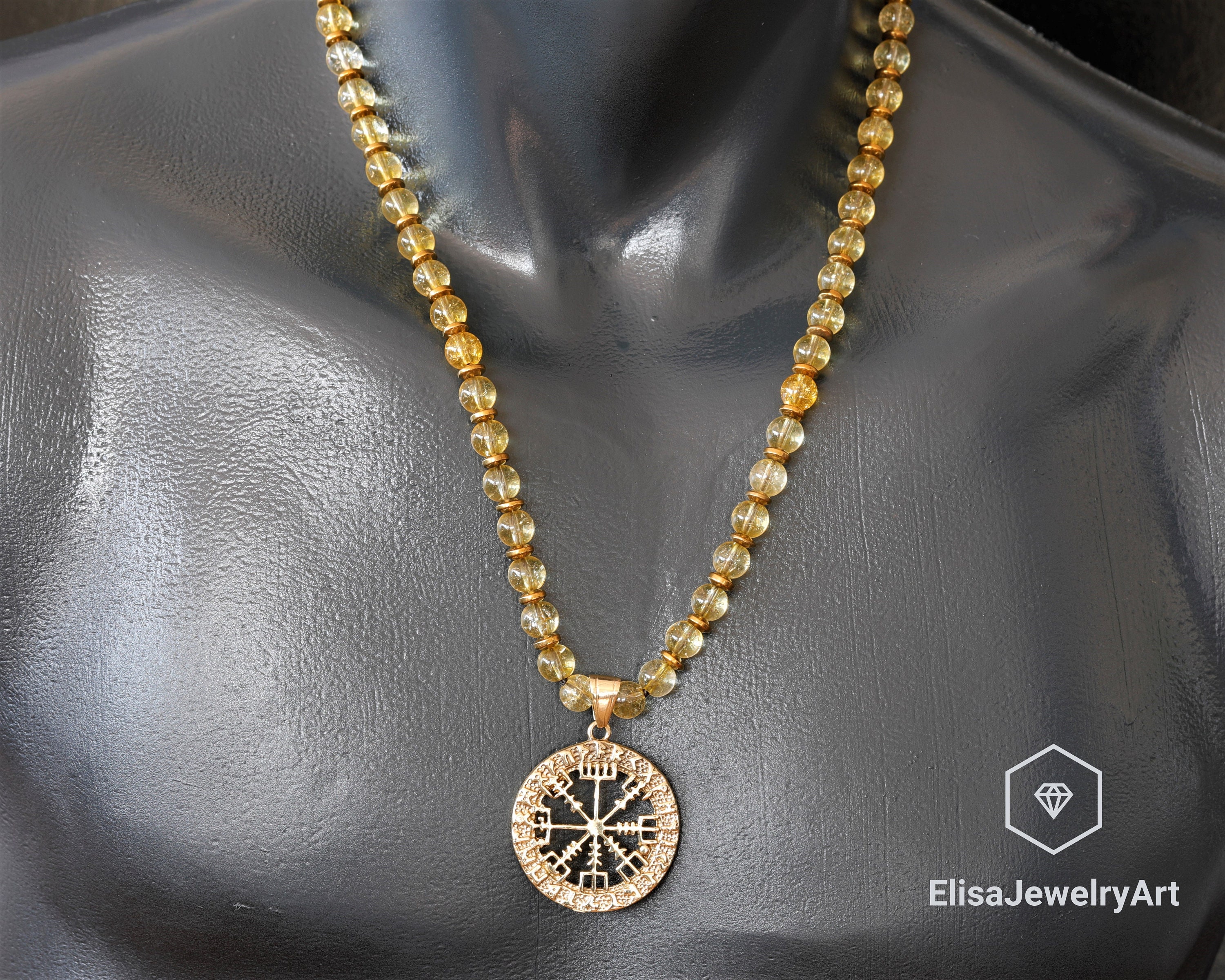 バイキングコンパスコインペンダント天然シトリンビーズボヘミアン