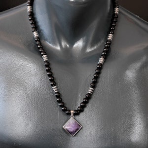 Natural Pyramid Amethyst Pendant Black Onyx Hematite Beaded Birthstone Emotional Genuine Gemstone Necklace For Him Unisex Christmas Gift